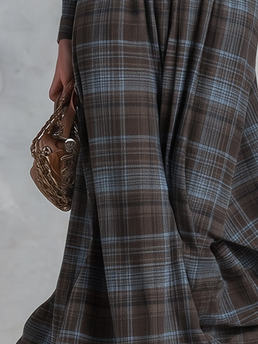 Vintage-Style Denim-Trimmed Brown and Blue Plaid Maxi Dress - By Qivii