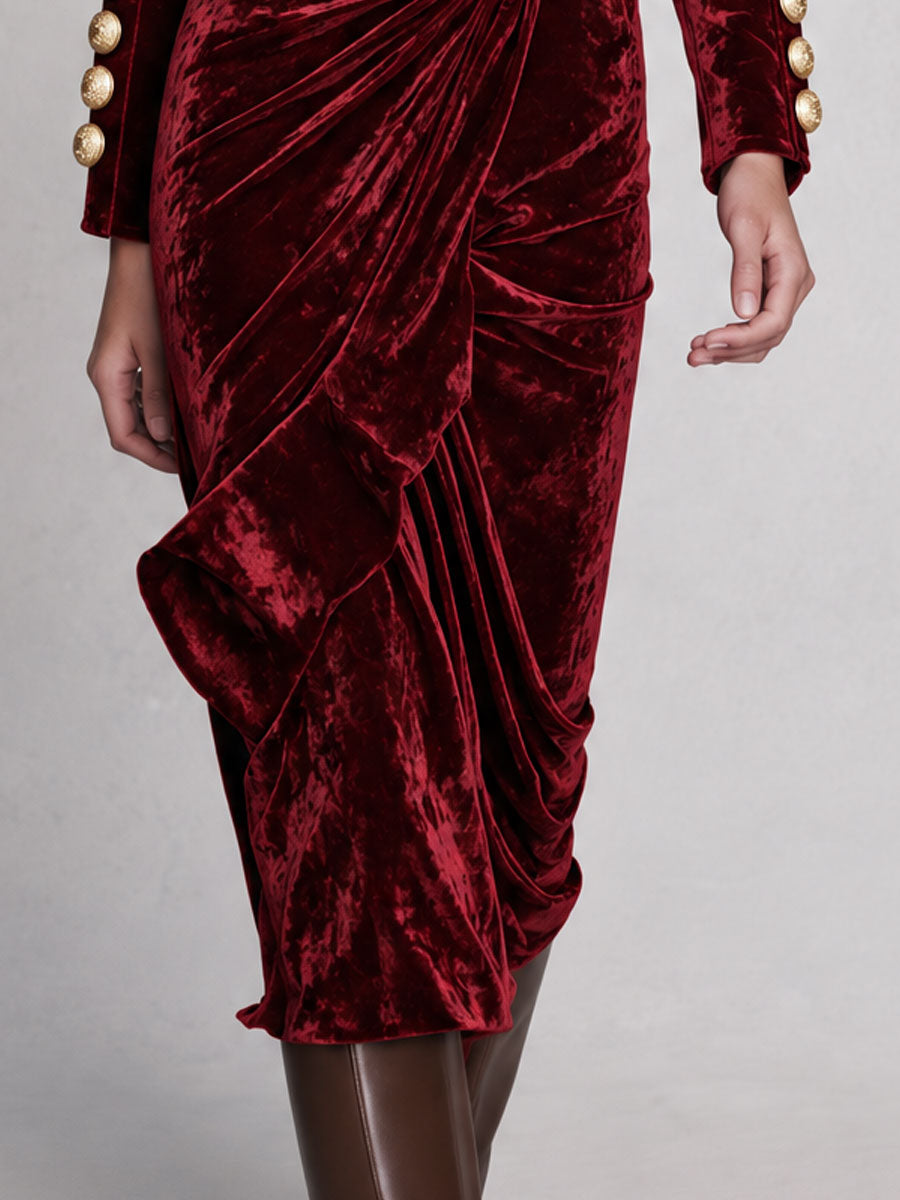 Vintage-elegant Burgundy High-neck Pleated Velvet Midi Dress - By Qivii
