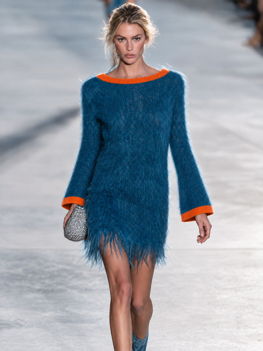 Retro-chic Color-blocked Trim Blue Tassel Bell Sleeve Knit Mini Dress - By Qivii