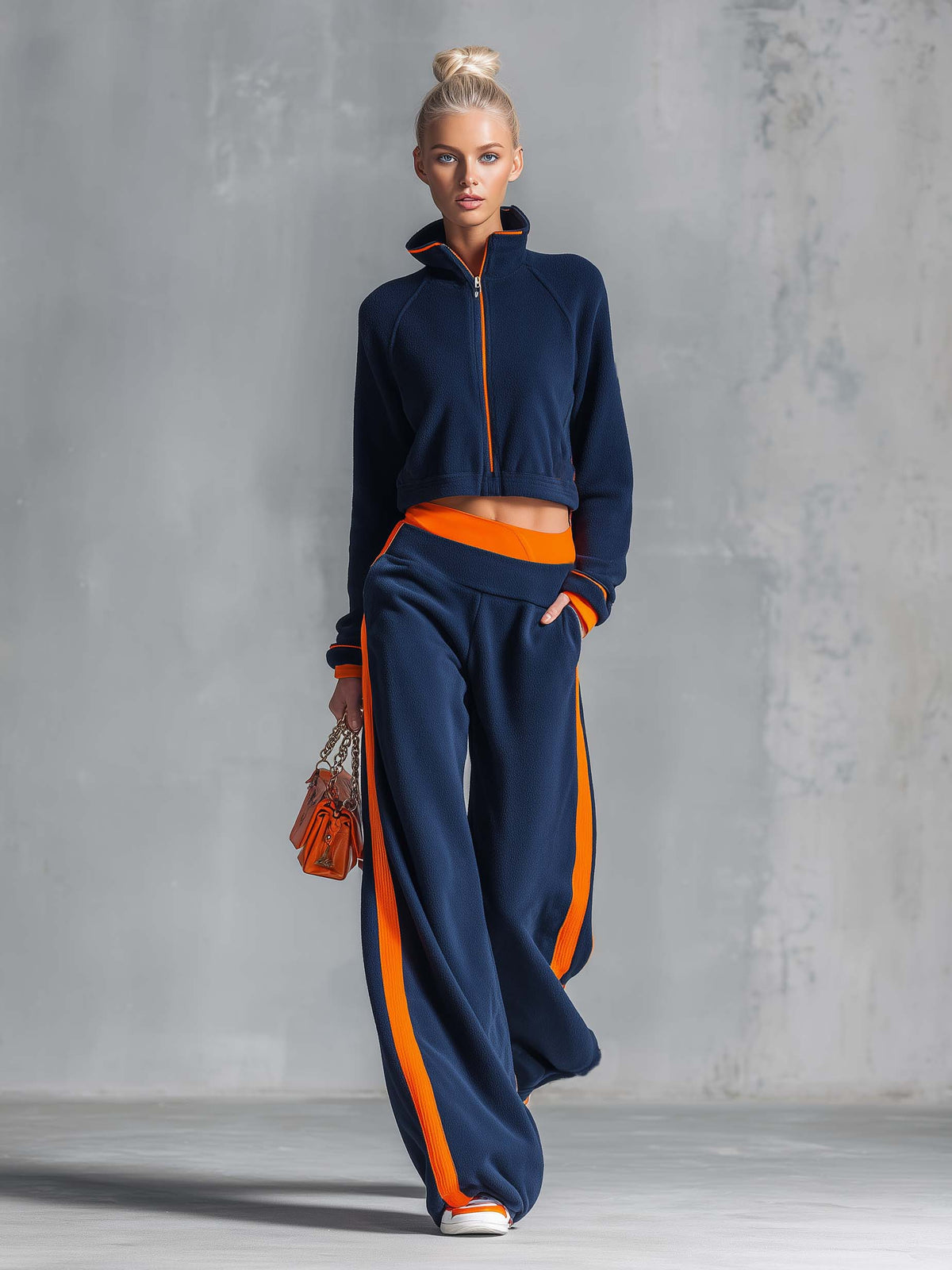 Retro Sporty Navy Color-block Polar Fleece Cropped Zip-up Jacket And Wide-leg Pants Set - By Qivii