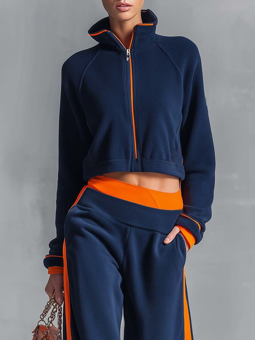 Retro Sporty Navy Color-block Polar Fleece Cropped Zip-up Jacket And Wide-leg Pants Set - By Qivii