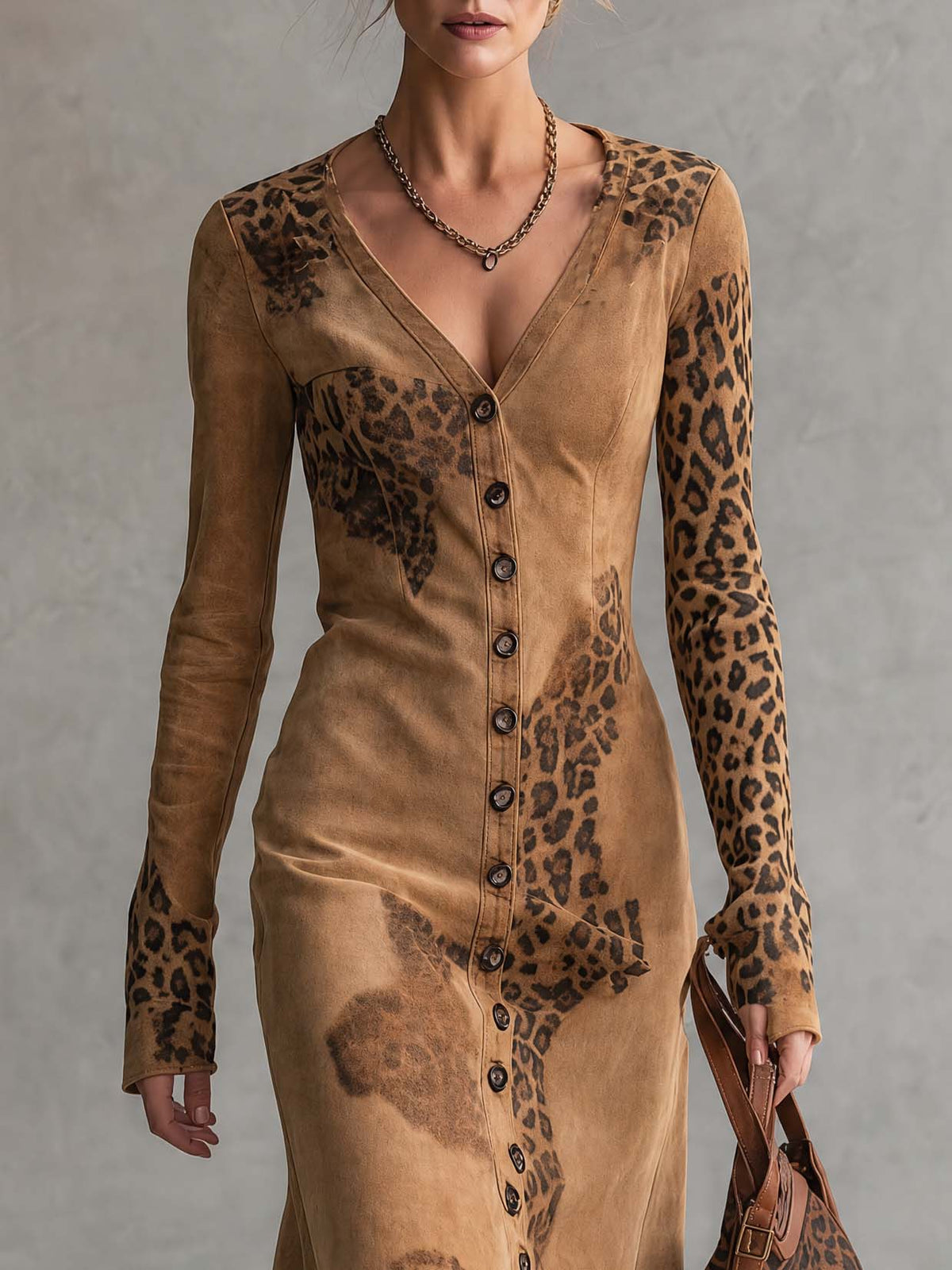 Vintage Western Faux Suede Leopard Print Button Down Long Sleeve Midi Dress - By Qivii