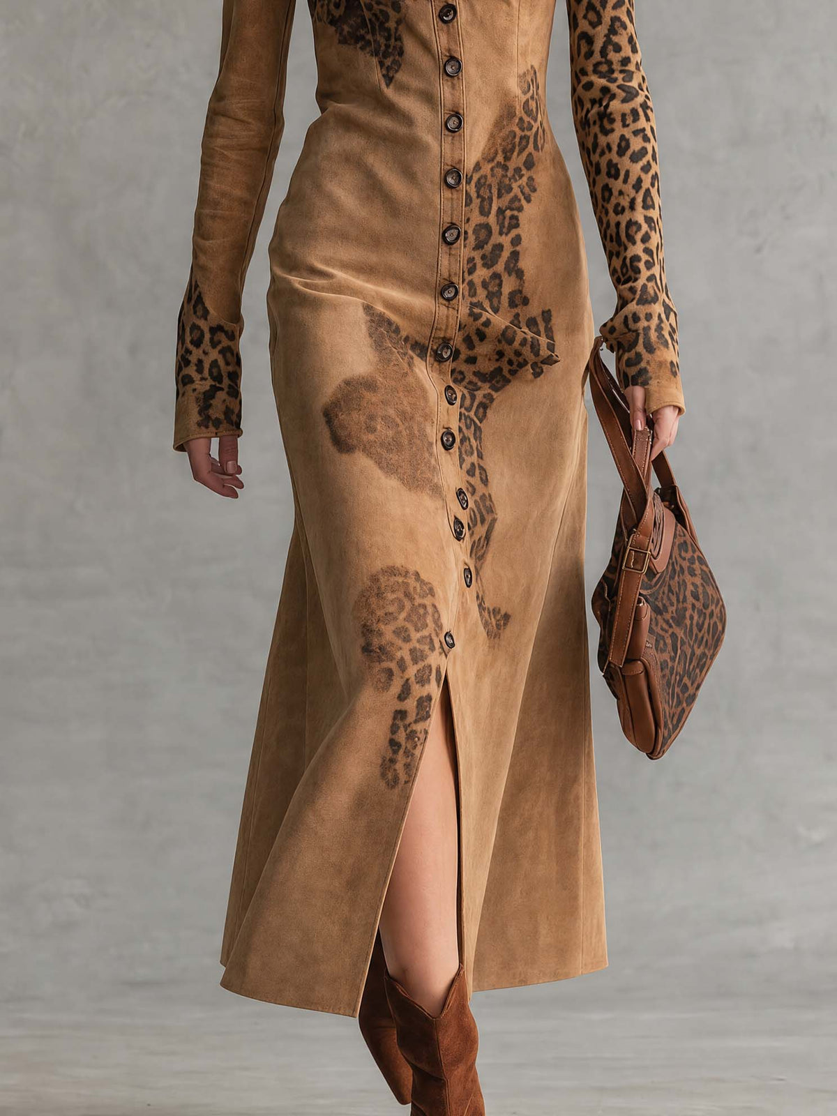 Vintage Western Faux Suede Leopard Print Button Down Long Sleeve Midi Dress - By Qivii