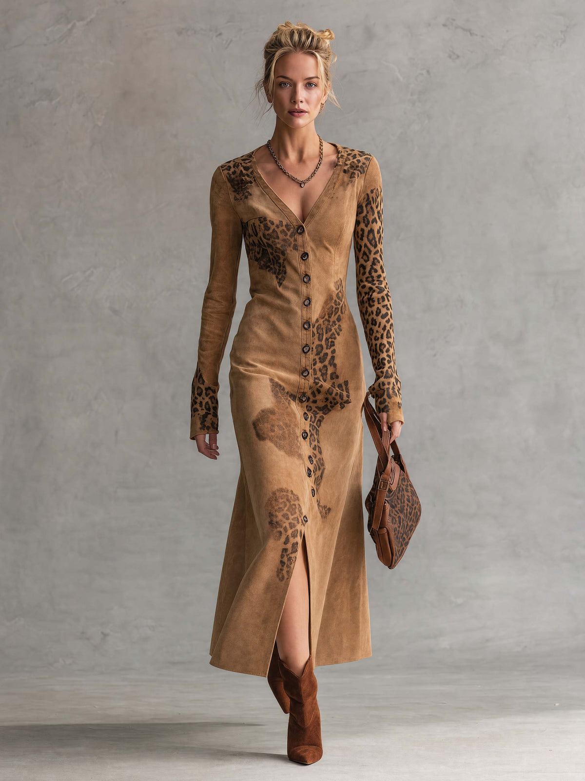Vintage Western Faux Suede Leopard Print Button Down Long Sleeve Midi Dress - By Qivii