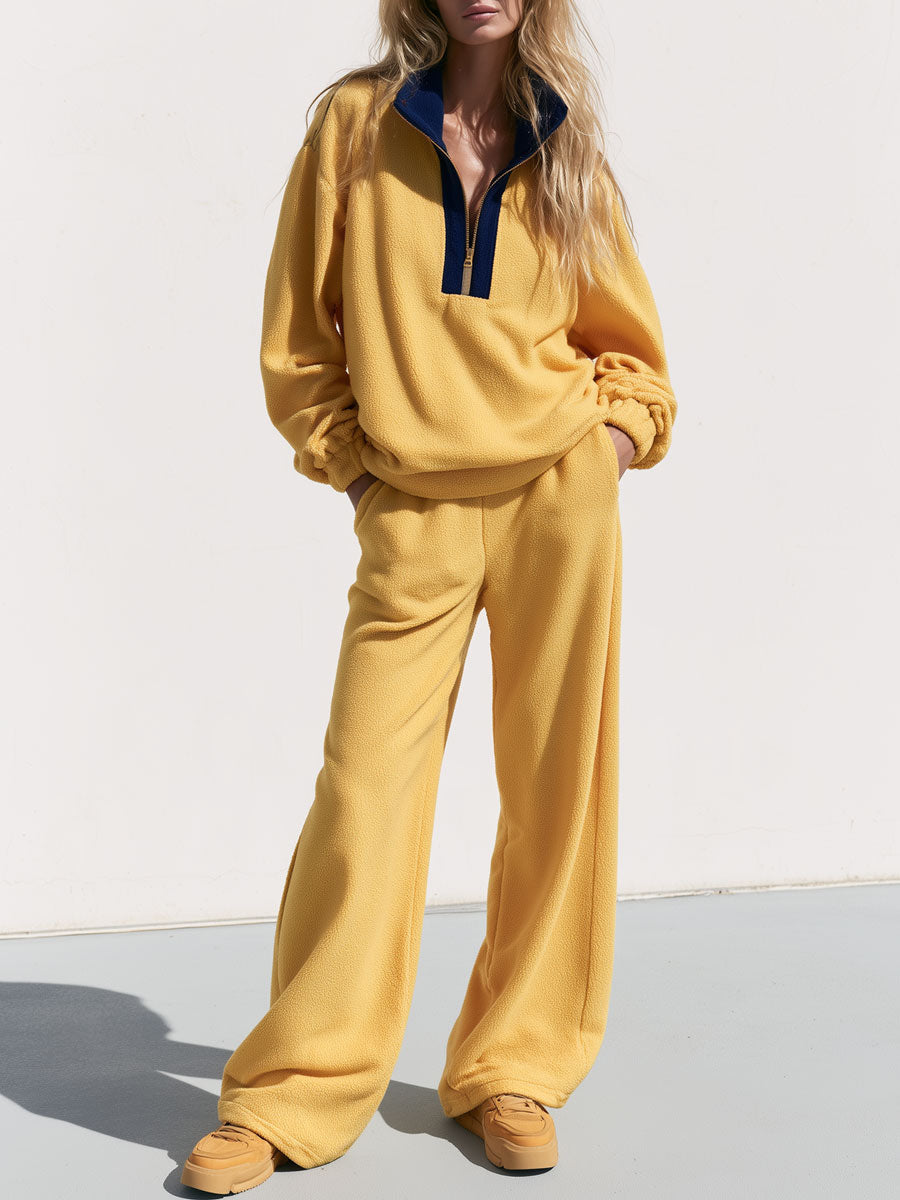 Women's Loose-fitting Color-blocked Double-sided Fleece Half-zip Sweatshirt And Pants Set - By Qivii