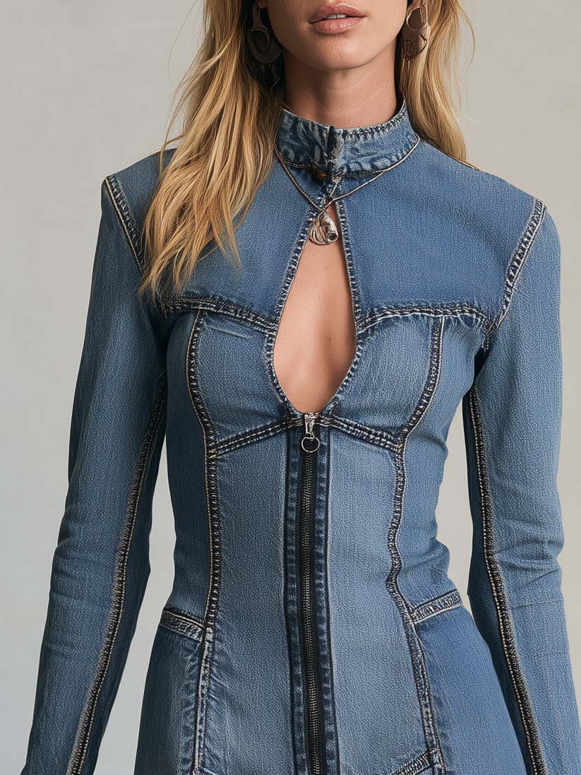 Retro Chic Patchwork Denim Keyhole Zip-Front Frayed Hem Long Sleeve Mini Dress - By Qivii