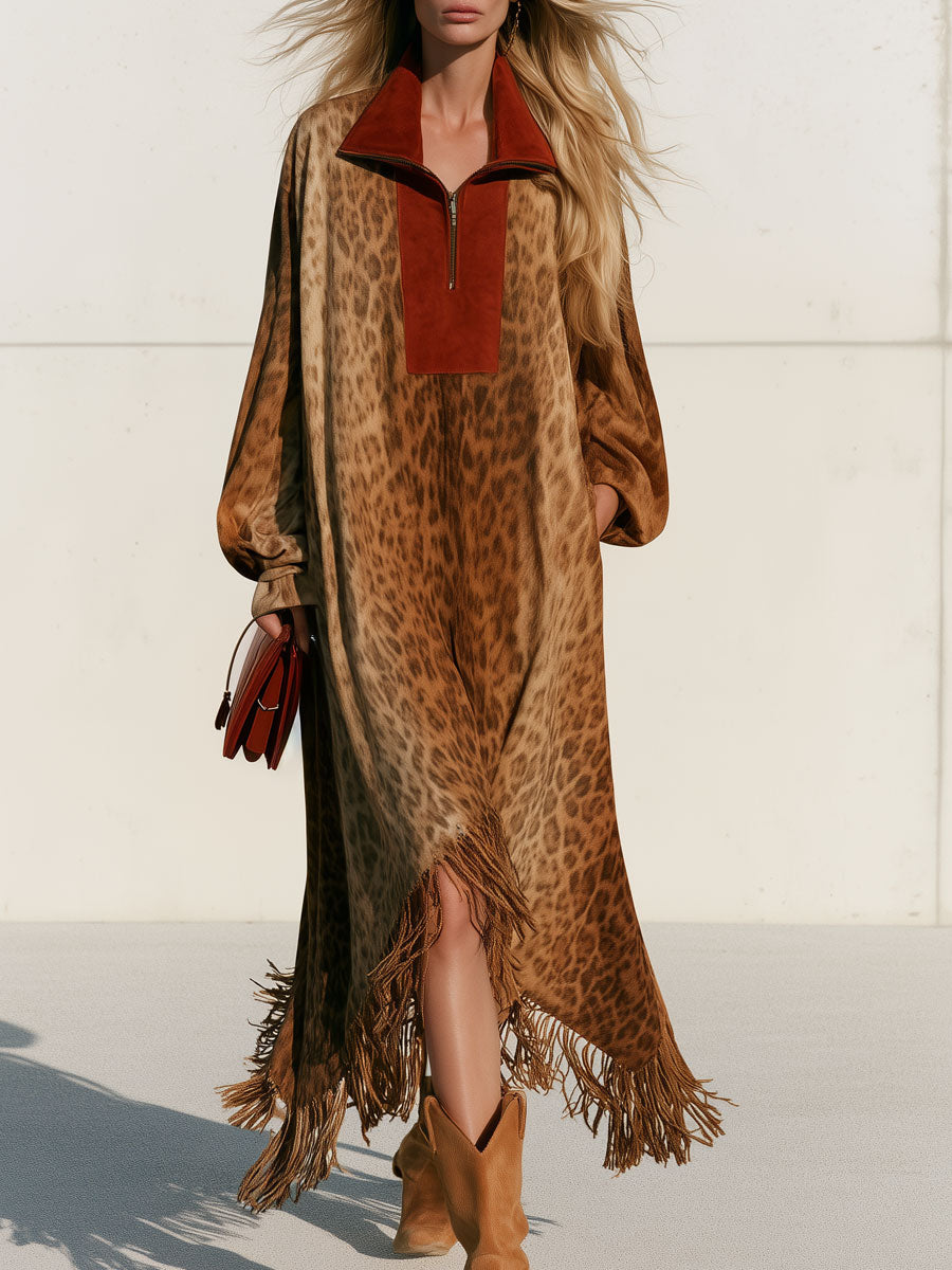 Women's Western-style Loose-fitting Color-blocked Faux Suede Leopard Print Tassel Midi Dress - By Qivii
