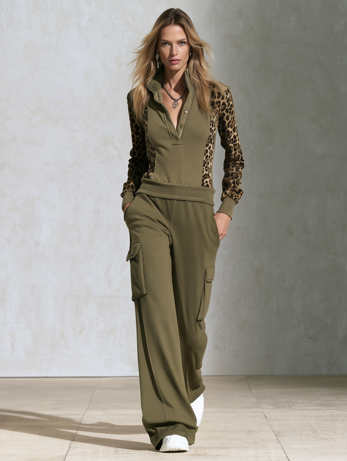 Retro Sporty Leopard Print Patchwork Velvet Zip-Up Track Set - By Qivii