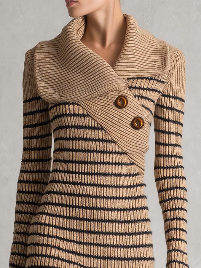 Retro Striped Shawl Collar Asymmetric Button Ribbed Long Sleeve Sweater Mini Dress - By Qivii