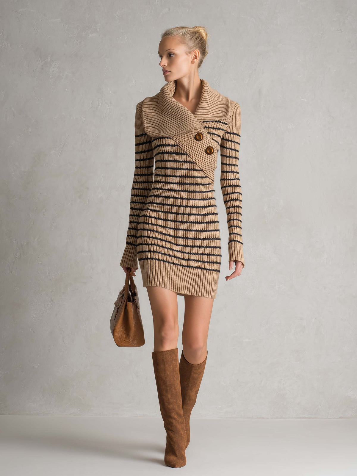 Retro Striped Shawl Collar Asymmetric Button Ribbed Long Sleeve Sweater Mini Dress - By Qivii