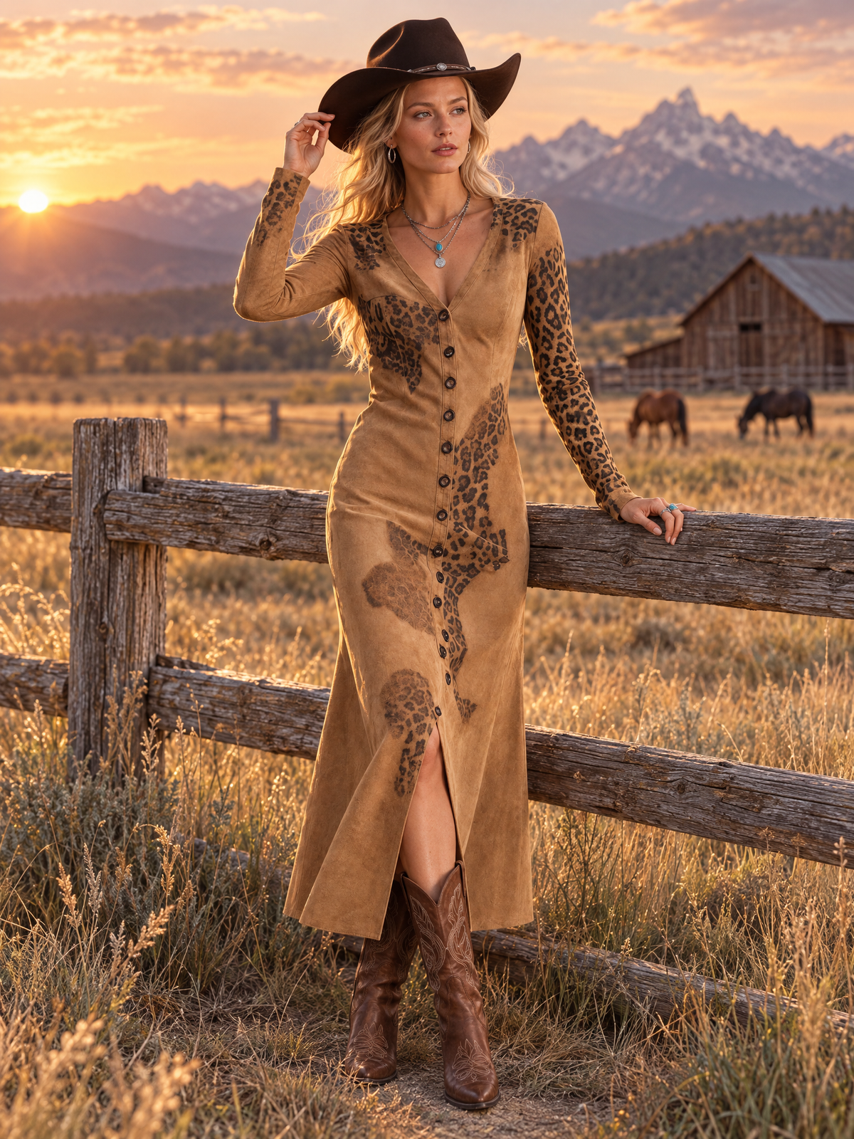 Vintage Western Faux Suede Leopard Print Button Down Long Sleeve Midi Dress - By Qivii