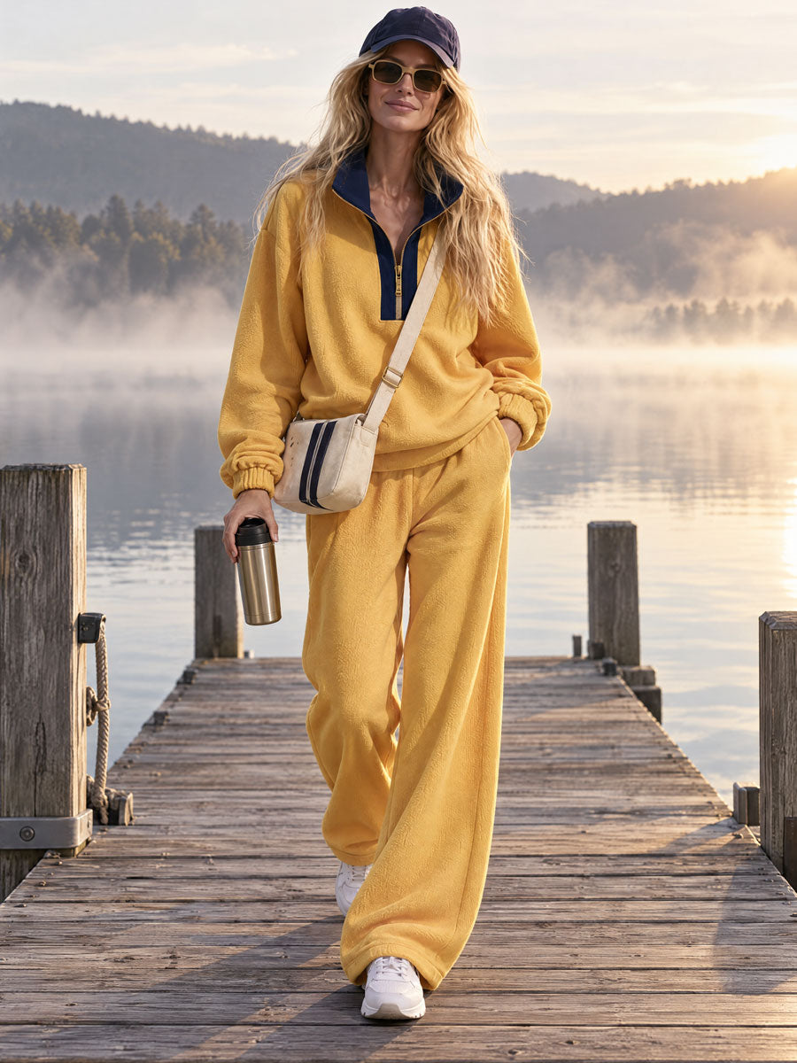 Women's Loose-fitting Color-blocked Double-sided Fleece Half-zip Sweatshirt And Pants Set - By Qivii