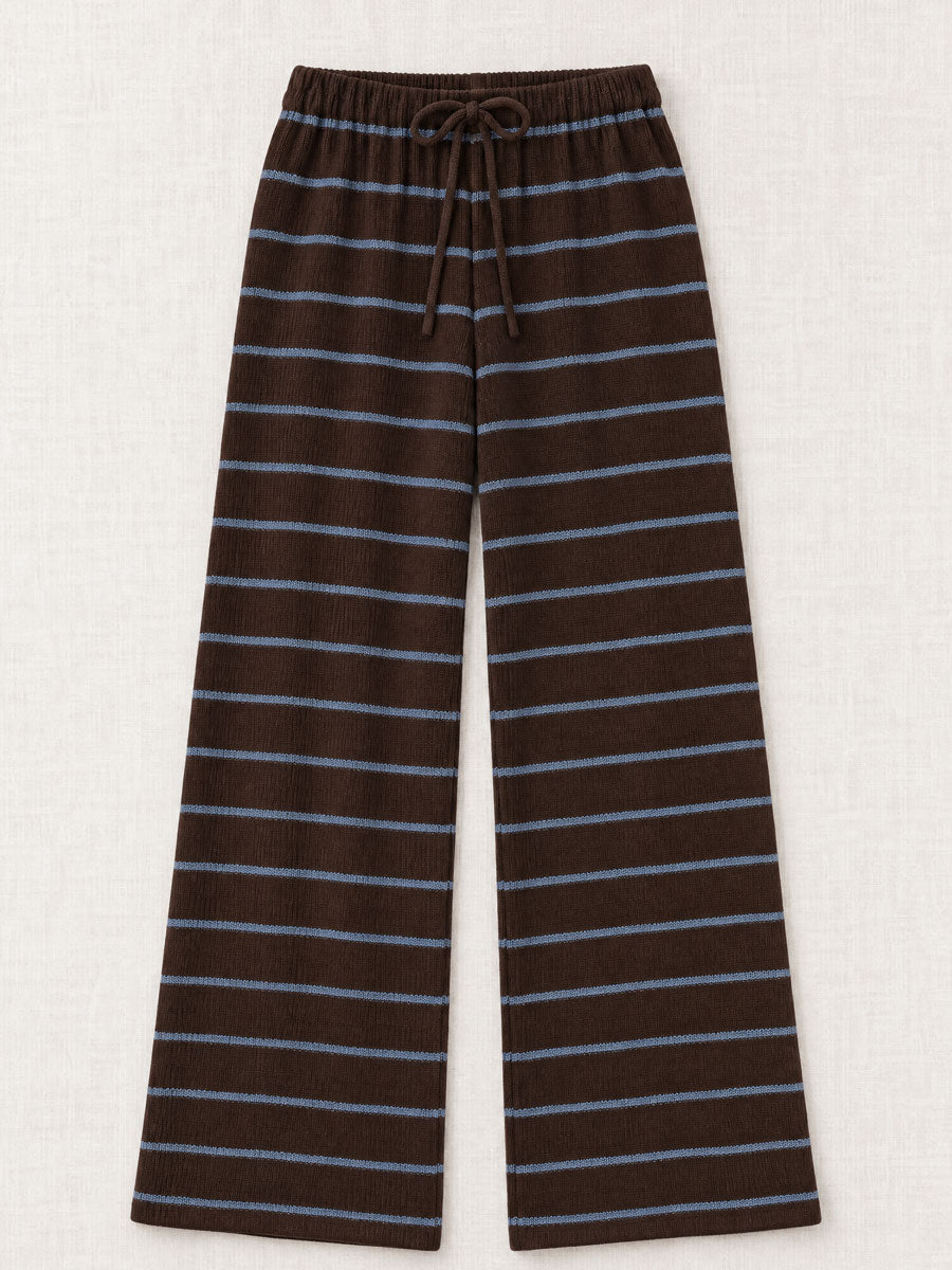 Women's Casual Blue-Brown Striped Wool Blend Crew Neck Sweater And Pants Set - By Qivii