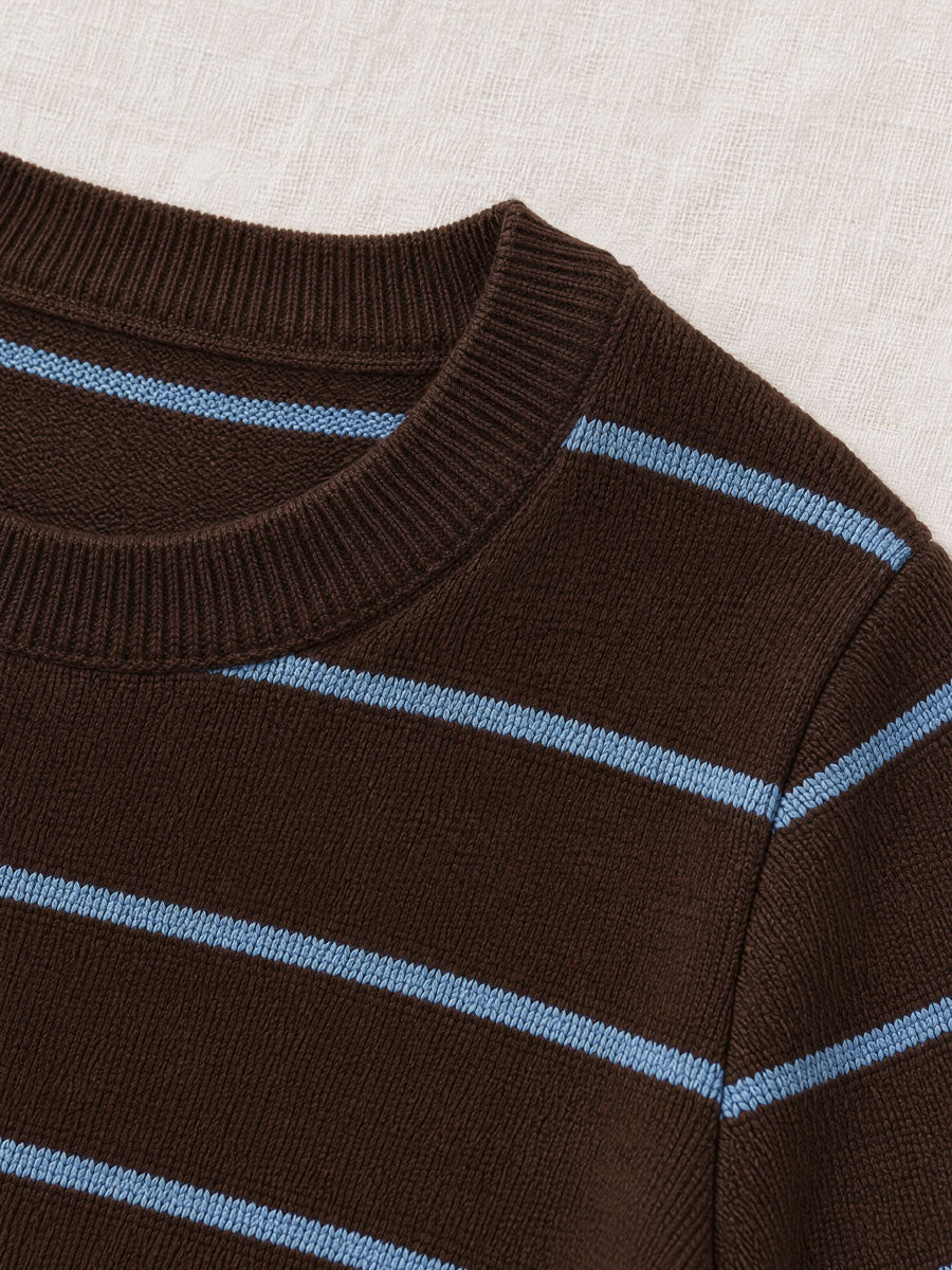 Women's Casual Blue-Brown Striped Wool Blend Crew Neck Sweater And Pants Set - By Qivii
