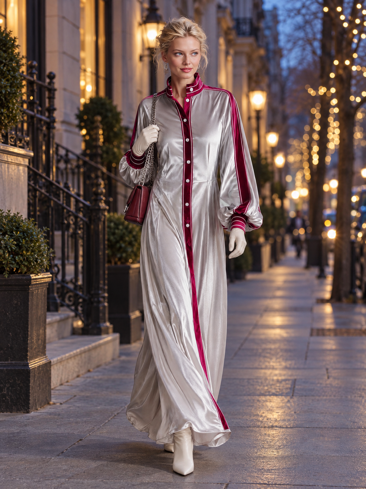 Vintage Elegant Silver Velvet Contrast Trim Balloon Sleeve Button-Down Maxi Shirt Dress - By Qivii