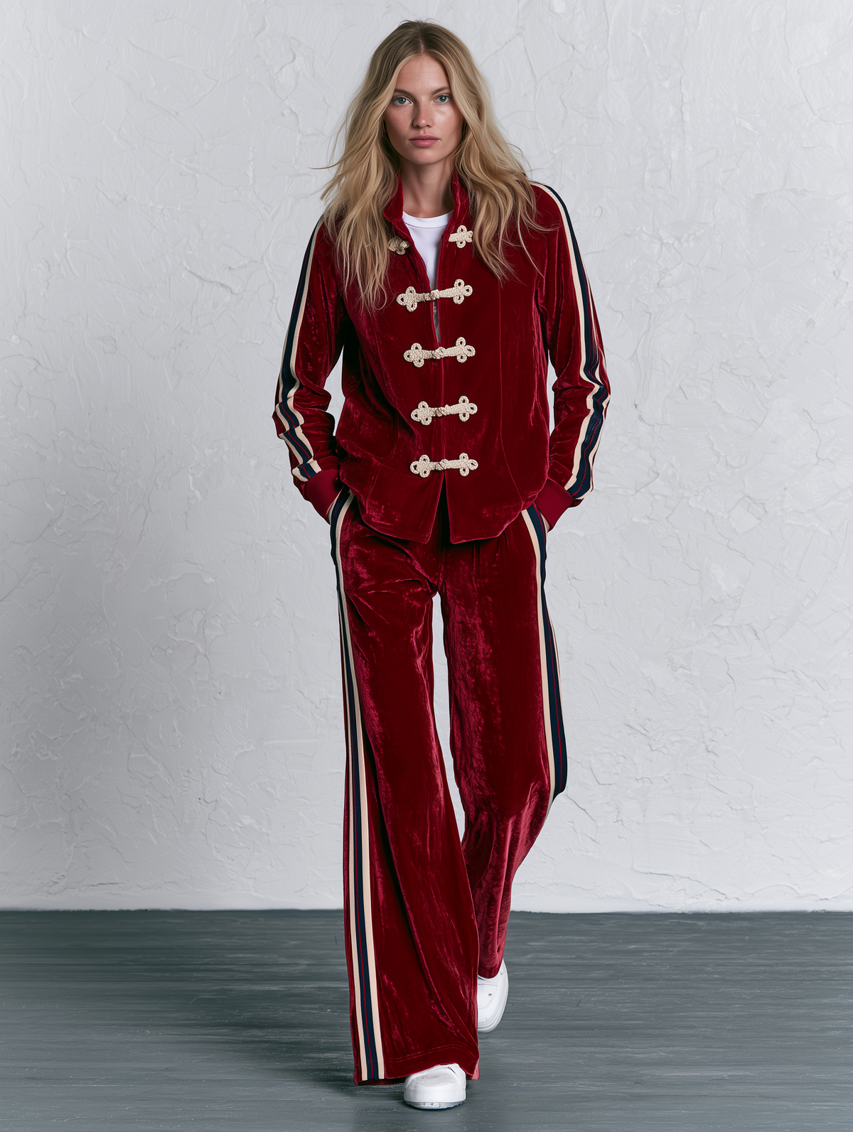 Women's Military Style Webbing Burgundy Velvet Jacket And Pants Set - By Qivii