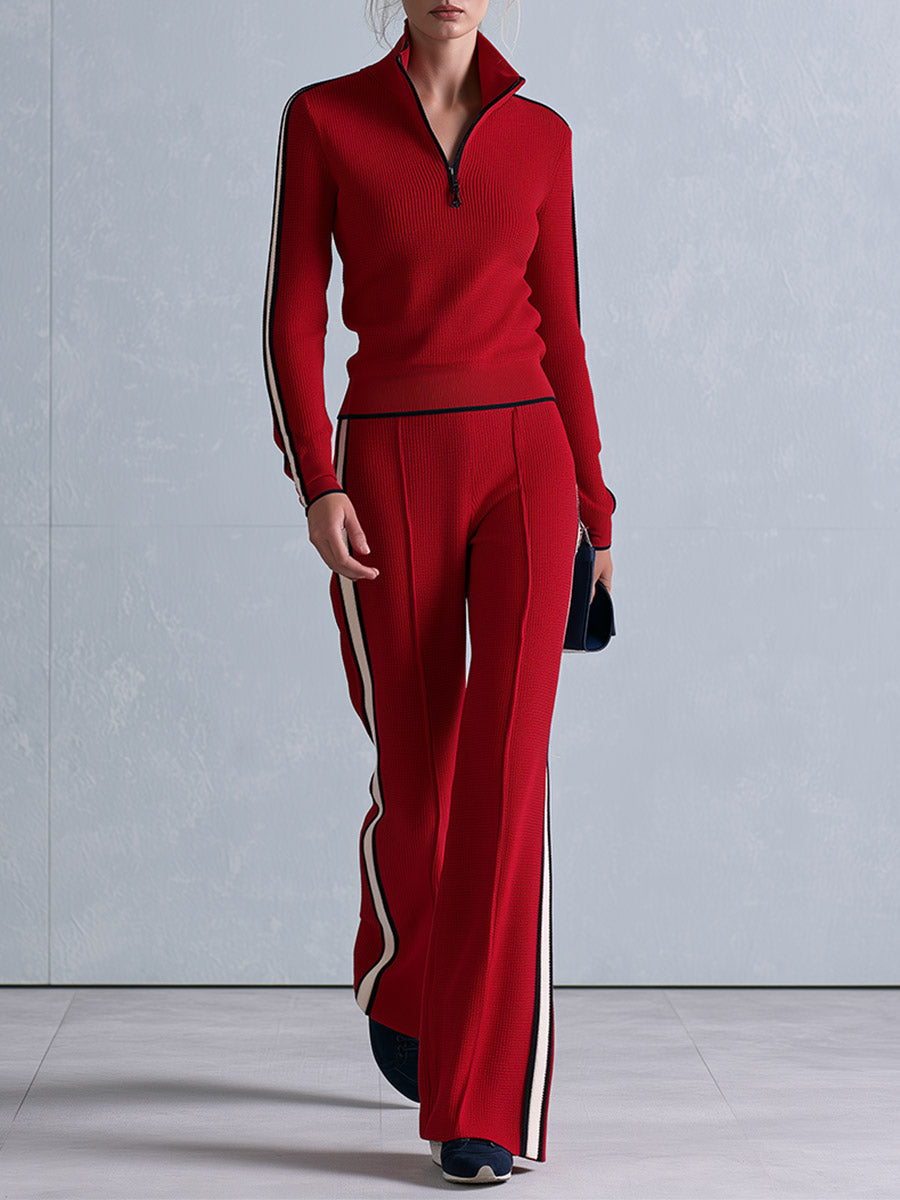 Casual Retro Striped-Trim Red Knitted Half-Zip Top and Wide-Leg Pants Set - By Qivii