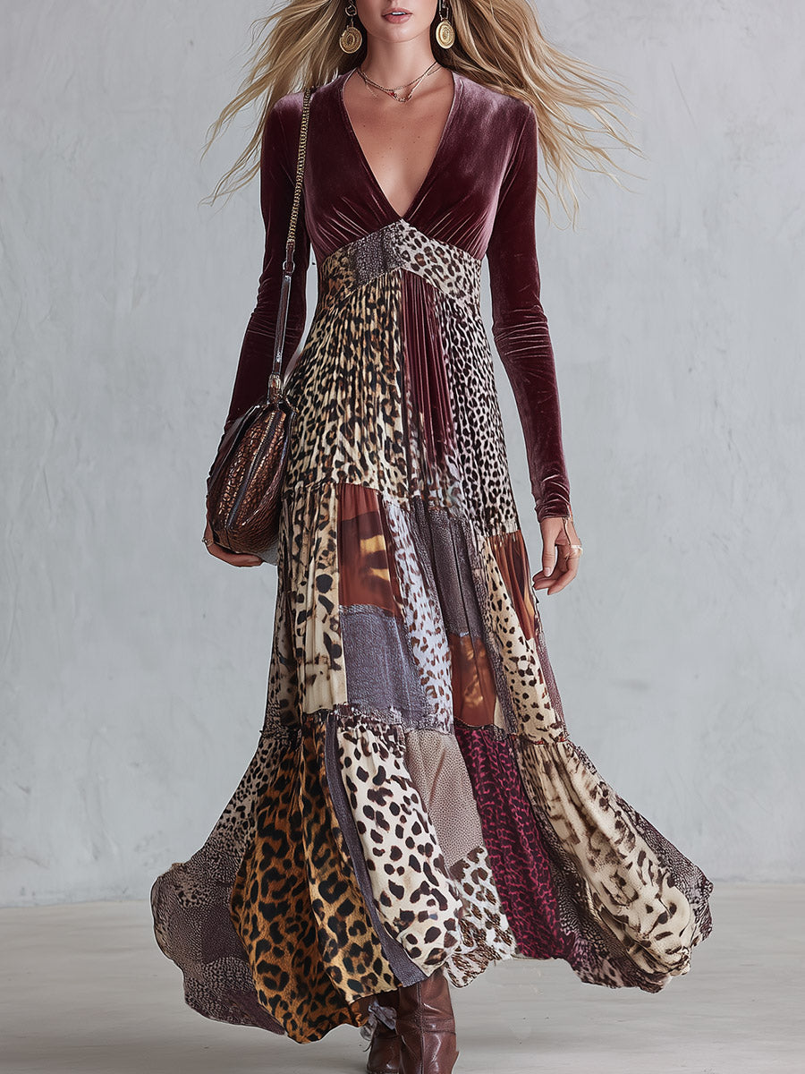 Vintage-Inspired Bohemian Animal-Print V-Neck Velvet Maxi Dress - By Qivii