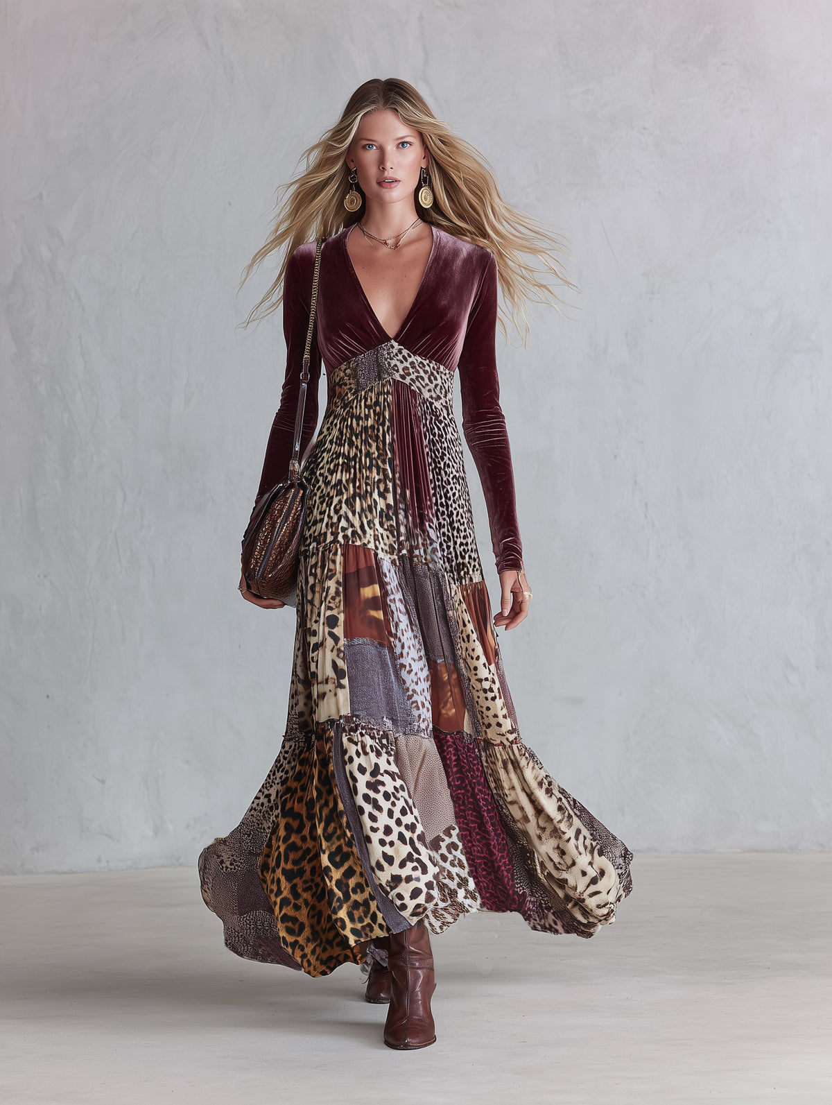Vintage-Inspired Bohemian Animal-Print V-Neck Velvet Maxi Dress - By Qivii