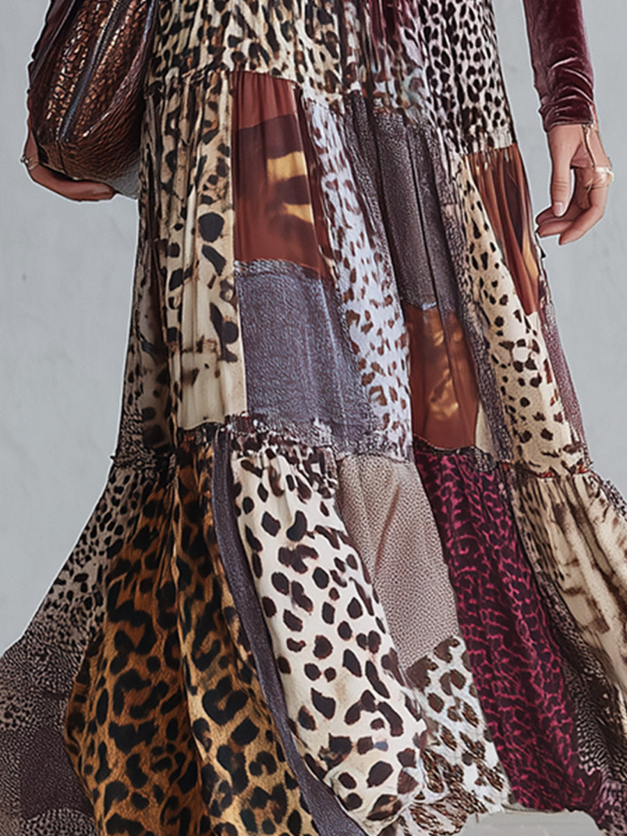 Vintage-Inspired Bohemian Animal-Print V-Neck Velvet Maxi Dress - By Qivii