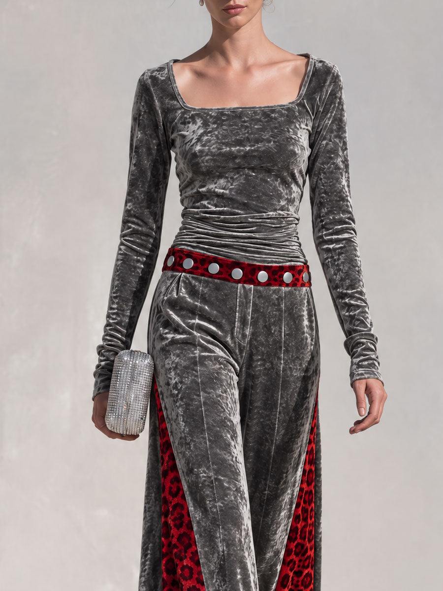 Retro-chic Color-blocked Leopard Print Trim Grey Velvet Top And Pants Set - By Qivii