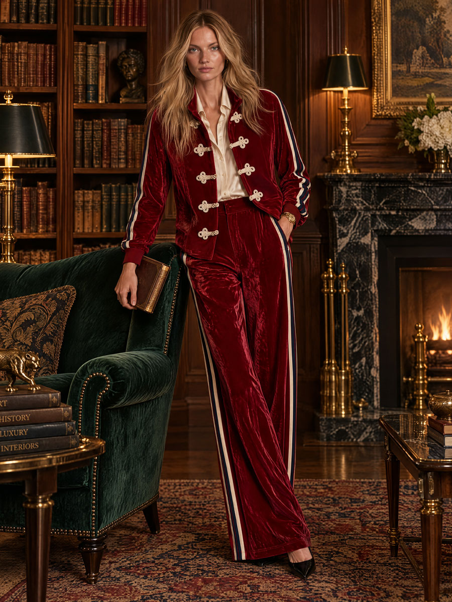 Women's Military Style Webbing Burgundy Velvet Jacket And Pants Set - By Qivii