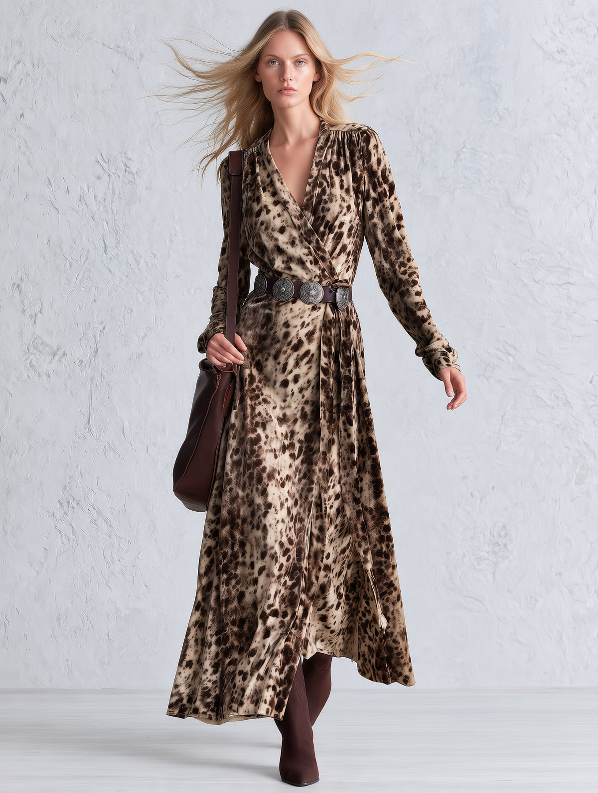 Vintage-Inspired Bohemian Leopard-Print Faux Suede V-Neck Wrap Maxi Dress - By Qivii