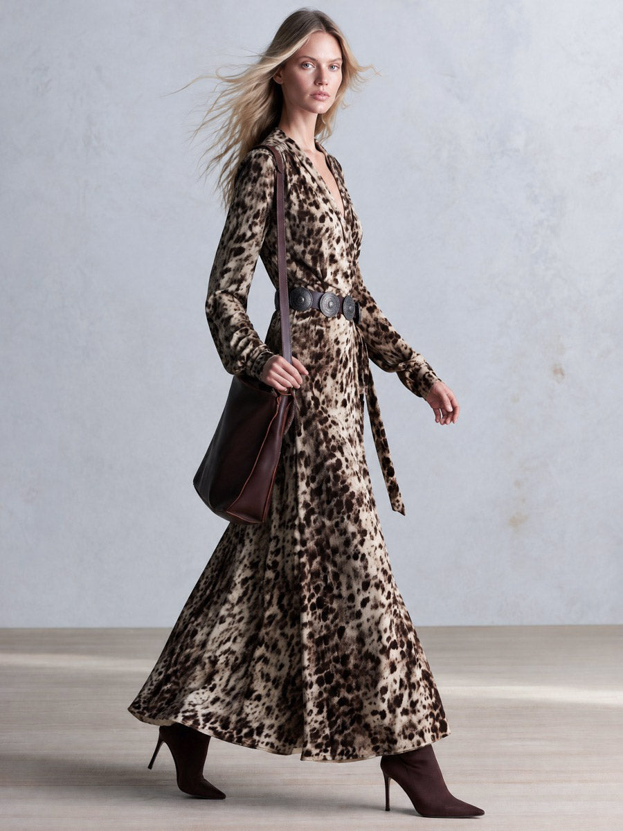 Vintage-Inspired Bohemian Leopard-Print Faux Suede V-Neck Wrap Maxi Dress - By Qivii