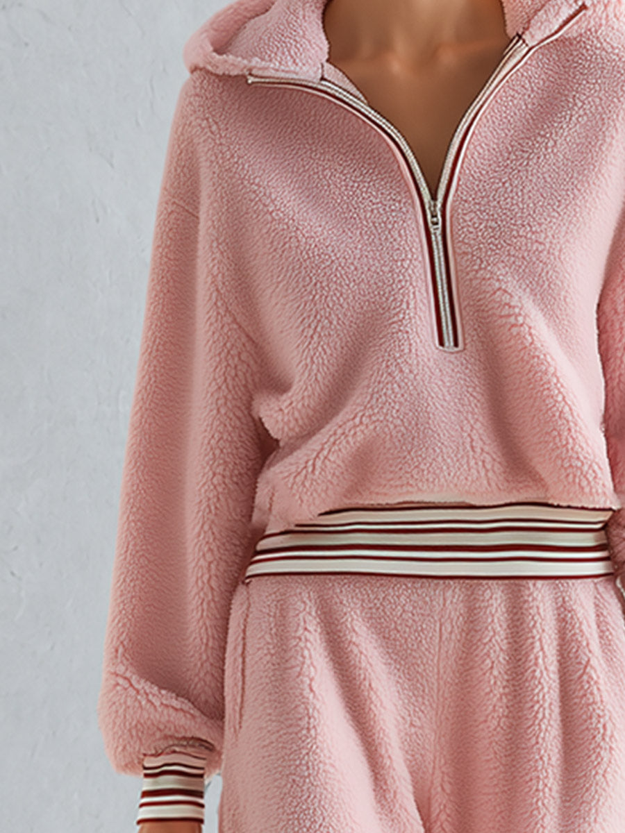 Pink Teddy Fleece Hooded Half-Zip Pullover and Wide-Leg Pants Set - By Qivii