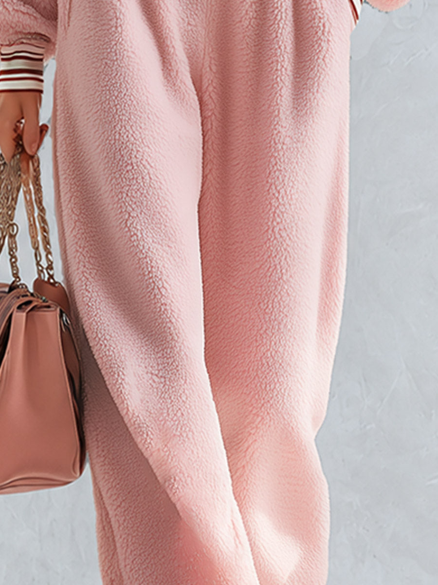 Pink Teddy Fleece Hooded Half-Zip Pullover and Wide-Leg Pants Set - By Qivii