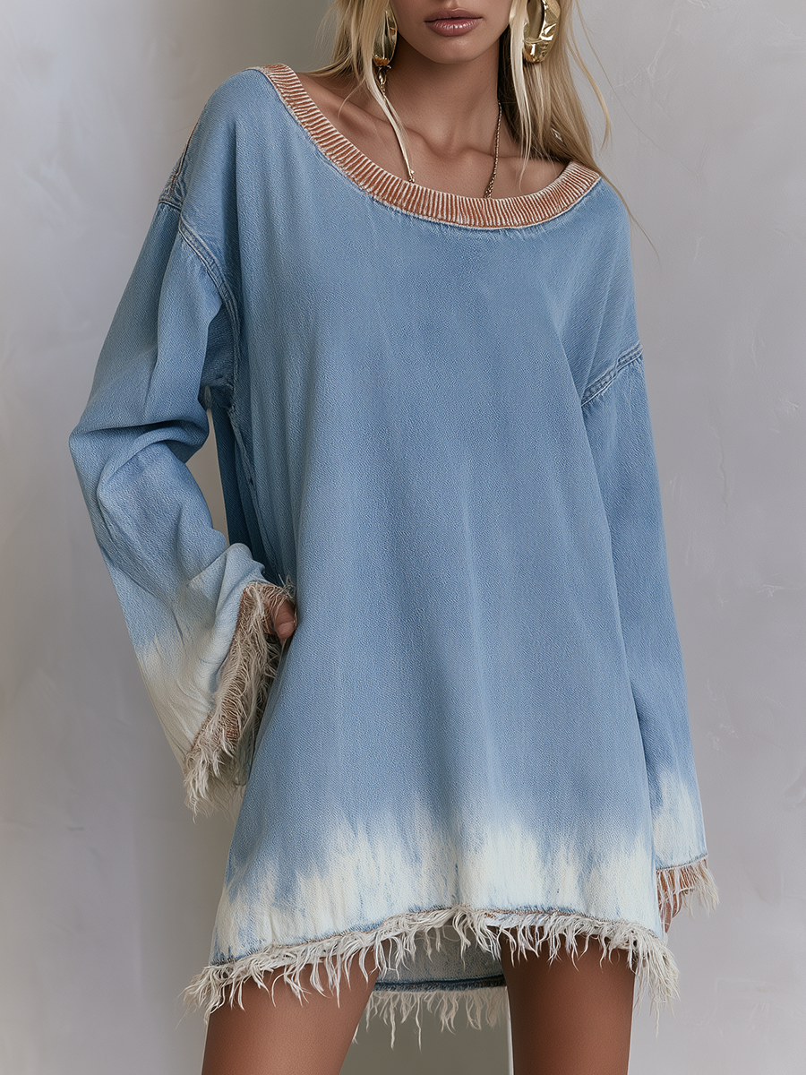 Oversized denim tunic dress with fringe hem and dip dye boat neck, by Oyrosy Clothing, styled in boho chic women's fashion.