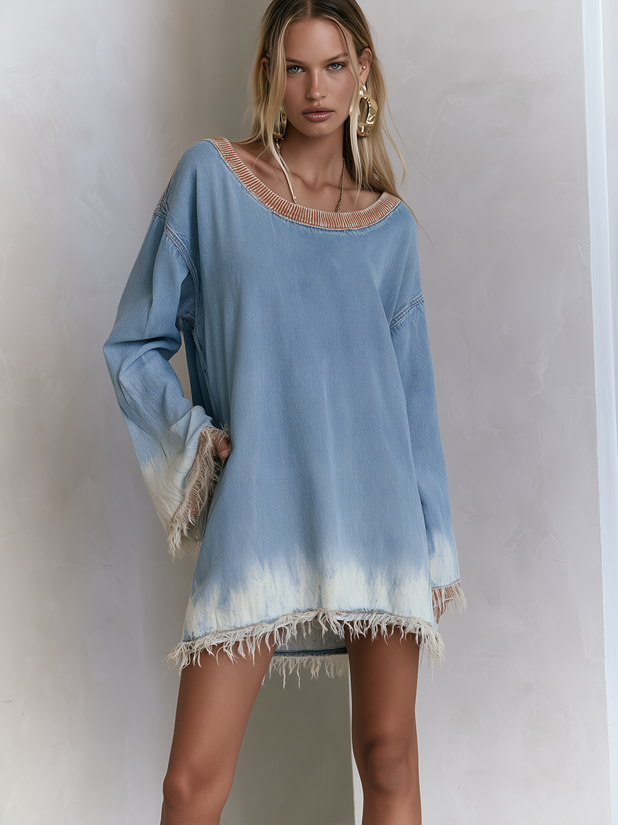 Oversized denim tunic dress with fringe hem and dip dye design, featuring boat neck style, by Oyrosy Clothing.