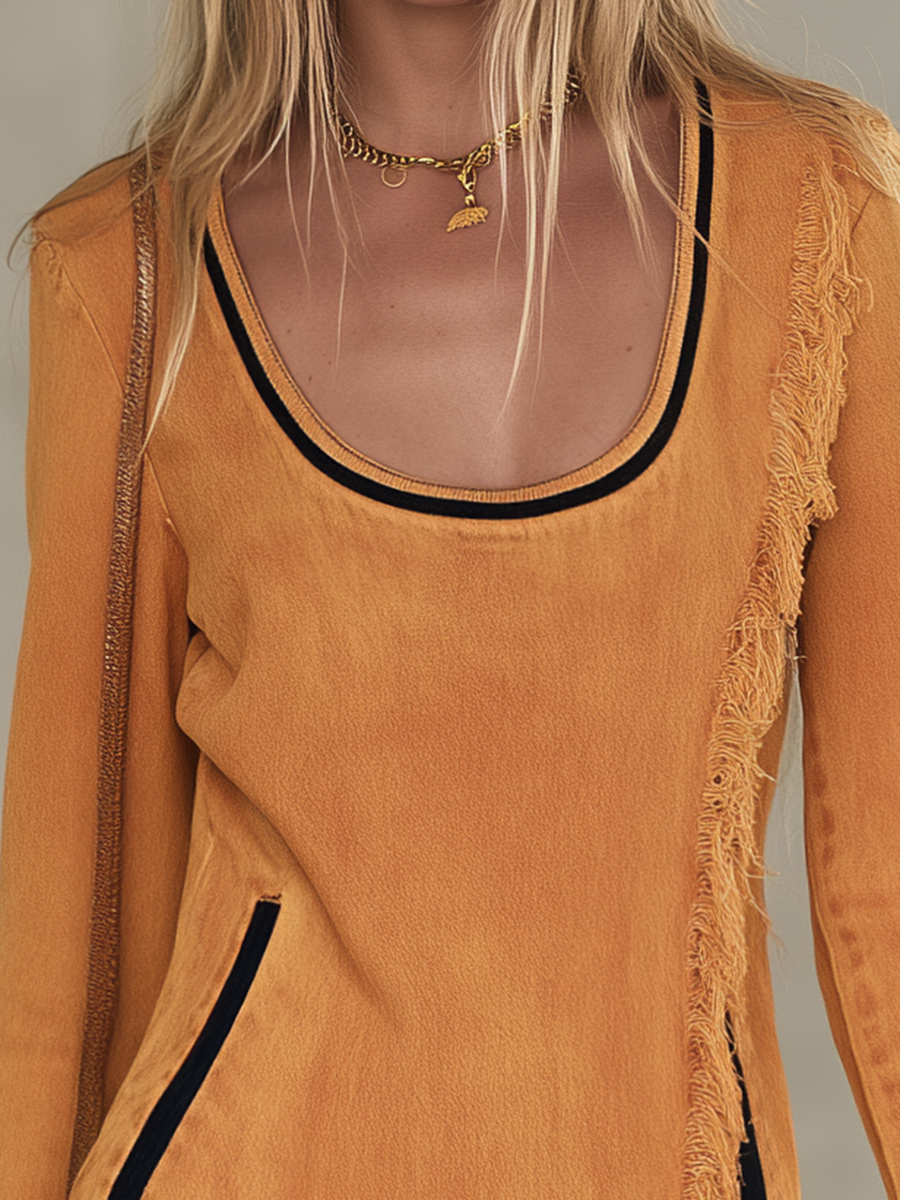 Boho Chic Mustard Frayed Fringe Scoop Neck Long Sleeve Denim Mini Dress - By Qivii