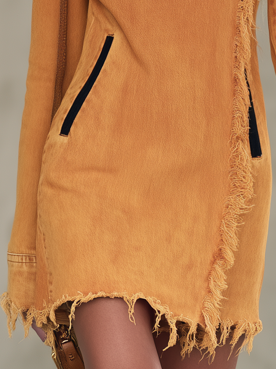 Boho Chic Mustard Frayed Fringe Scoop Neck Long Sleeve Denim Mini Dress - By Qivii