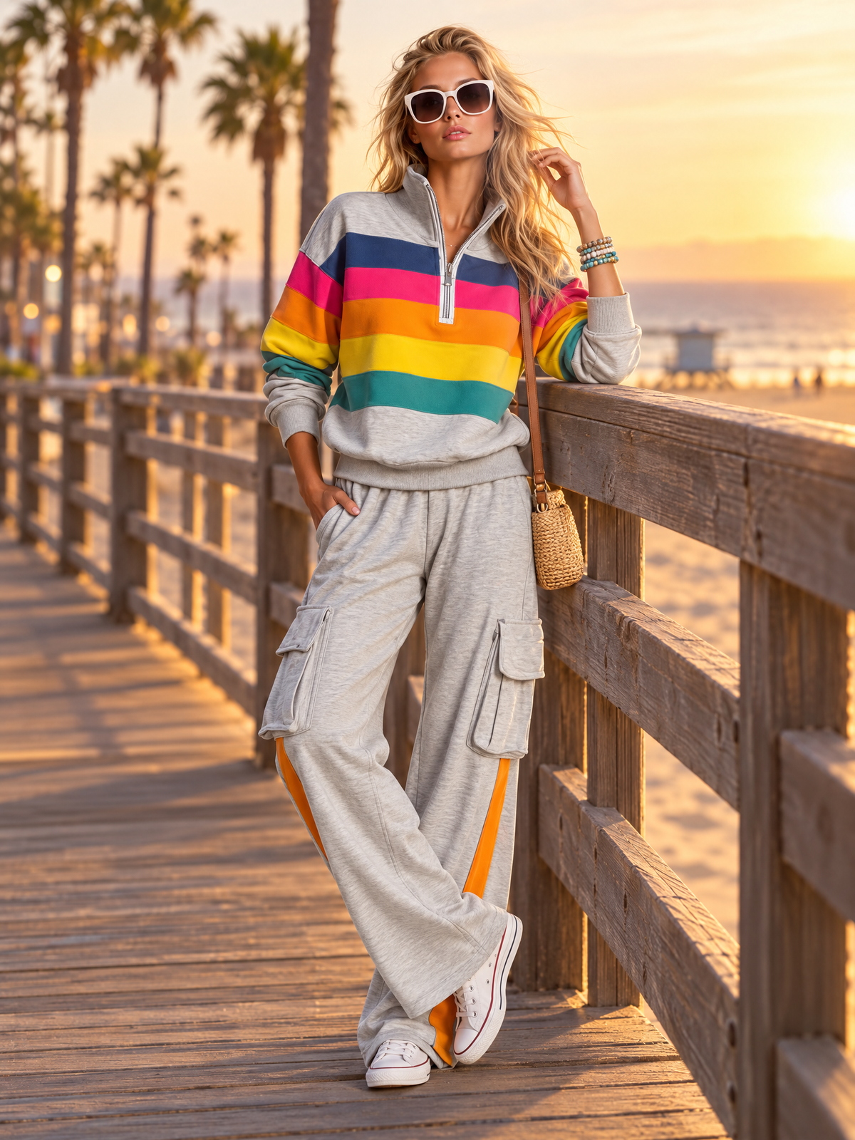 Retro Rainbow Striped Quarter Zip Sweatshirt Cargo Wide Leg Sweatpants Two Piece Set - By Qivii