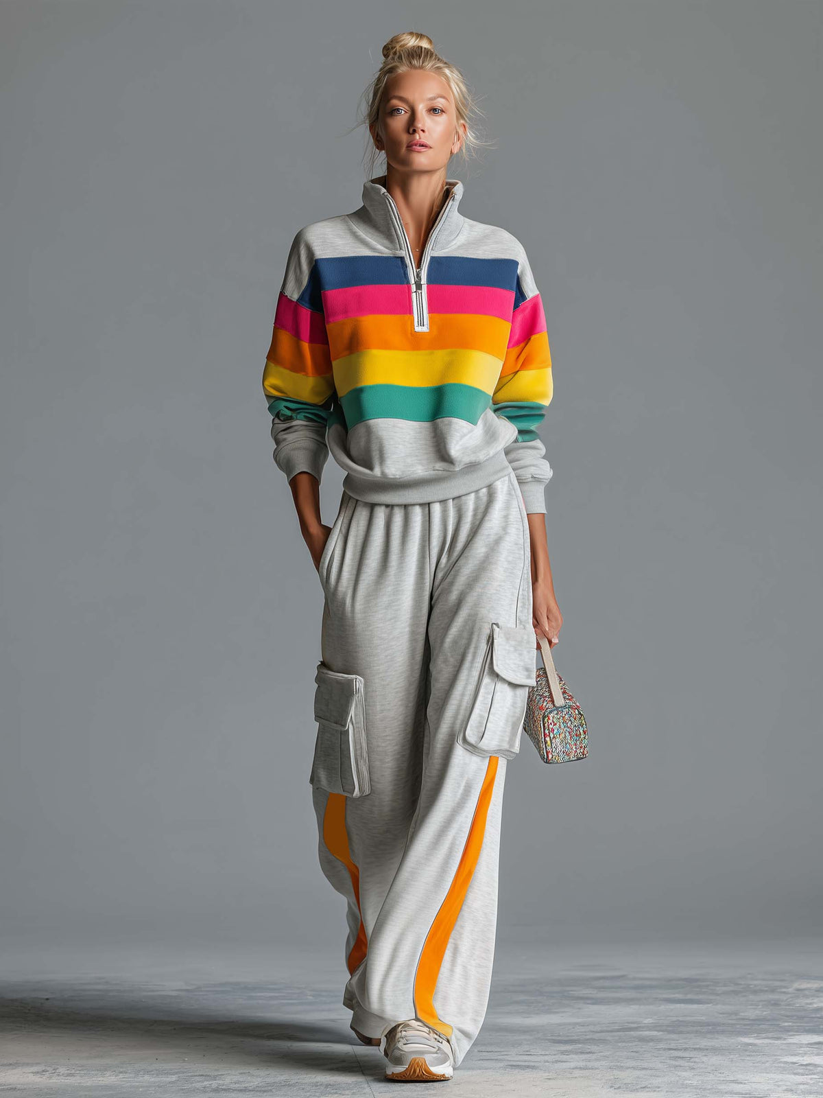 Retro Rainbow Striped Quarter Zip Sweatshirt Cargo Wide Leg Sweatpants Two Piece Set - By Qivii