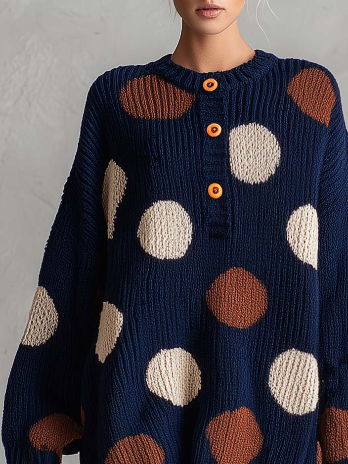 Retro Chic Navy Polka Dot Henley Oversized Chunky Knit Mini Sweater Dress - By Qivii