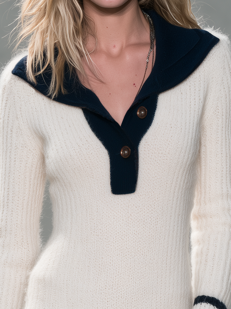 Retro Varsity Cream Mohair Knit Mini Dress Navy Collar Stripe Trim - By Qivii