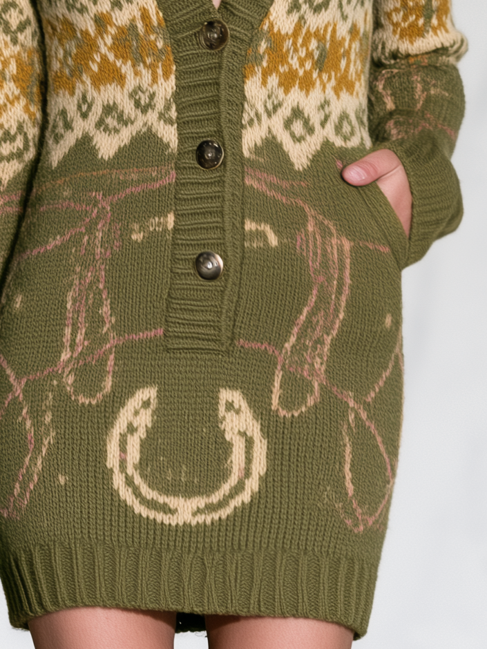 Retro Western Olive Fair Isle Mini Sweater Dress With Horseshoe Motif - By Qivii