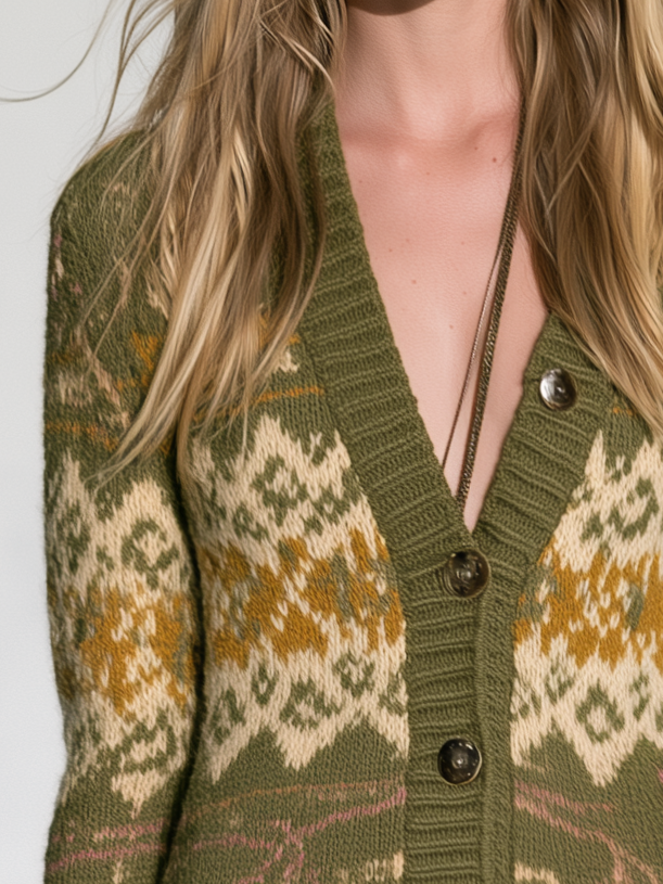 Retro Western Olive Fair Isle Mini Sweater Dress With Horseshoe Motif - By Qivii