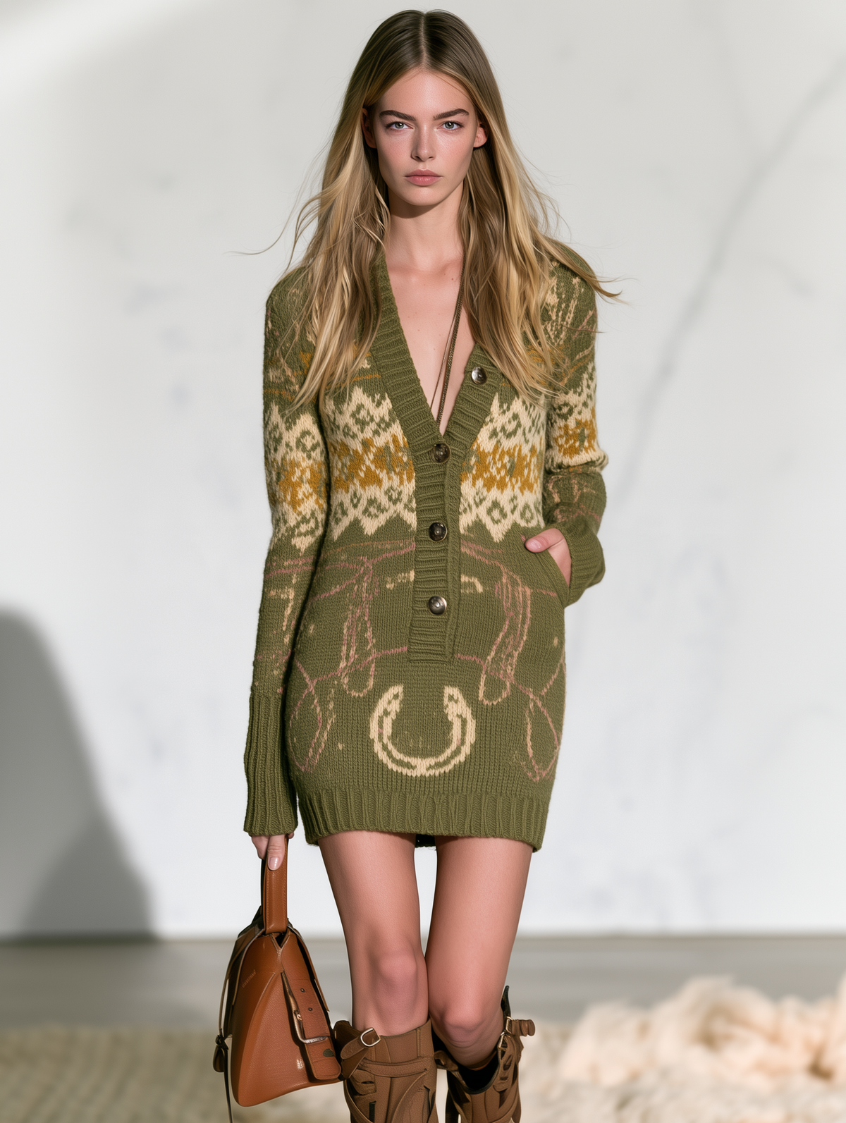 Retro Western Olive Fair Isle Mini Sweater Dress With Horseshoe Motif - By Qivii