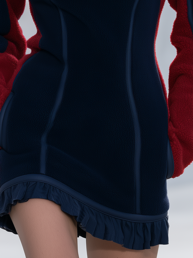 Women's Retro Color-Block Fleece Mini Dress With Ruffle Hem And Half-Zip - By Qivii