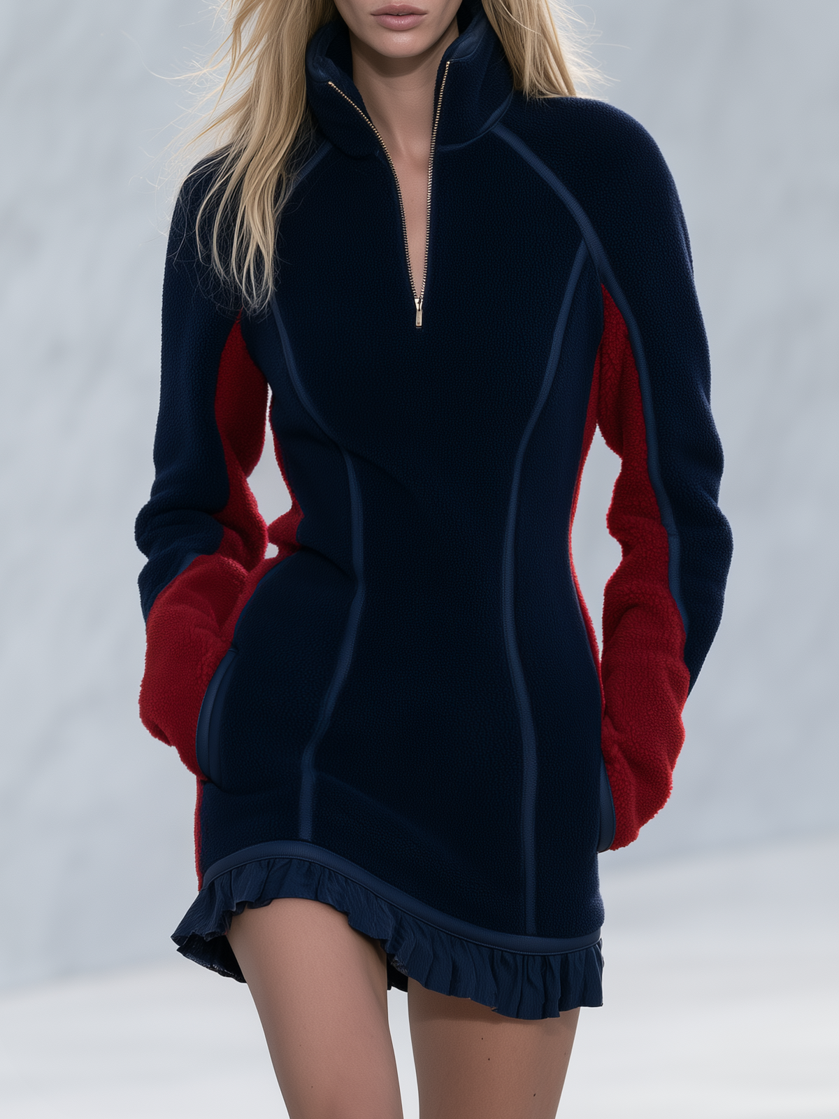 Women's Retro Color-Block Fleece Mini Dress With Ruffle Hem And Half-Zip - By Qivii