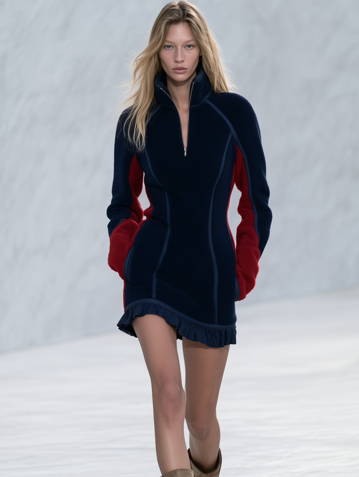 Women's Retro Color-Block Fleece Mini Dress With Ruffle Hem And Half-Zip - By Qivii