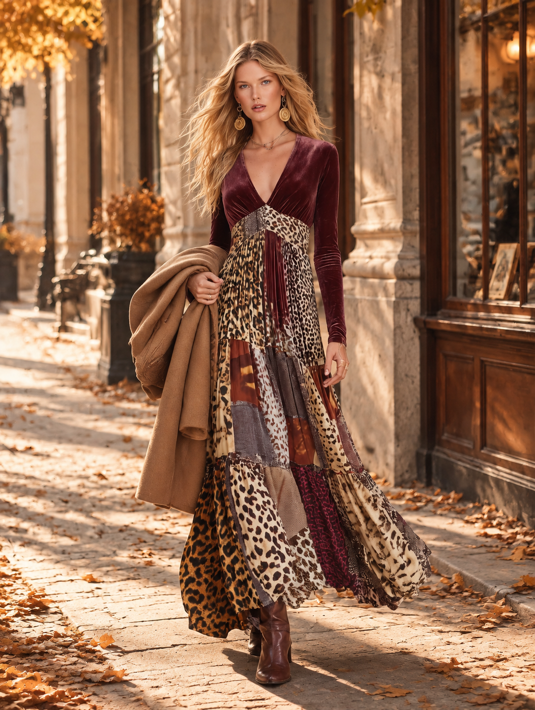 Vintage-Inspired Bohemian Animal-Print V-Neck Velvet Maxi Dress - By Qivii