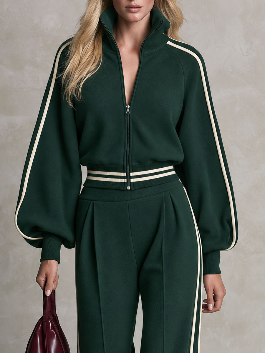 Sporty Retro Casual Color-blocked Striped Green Zip-up Sweatshirt And Pants Set - By Qivii