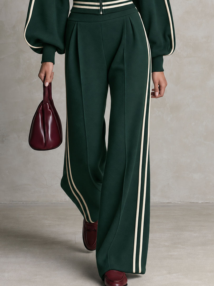 Sporty Retro Casual Color-blocked Striped Green Zip-up Sweatshirt And Pants Set - By Qivii