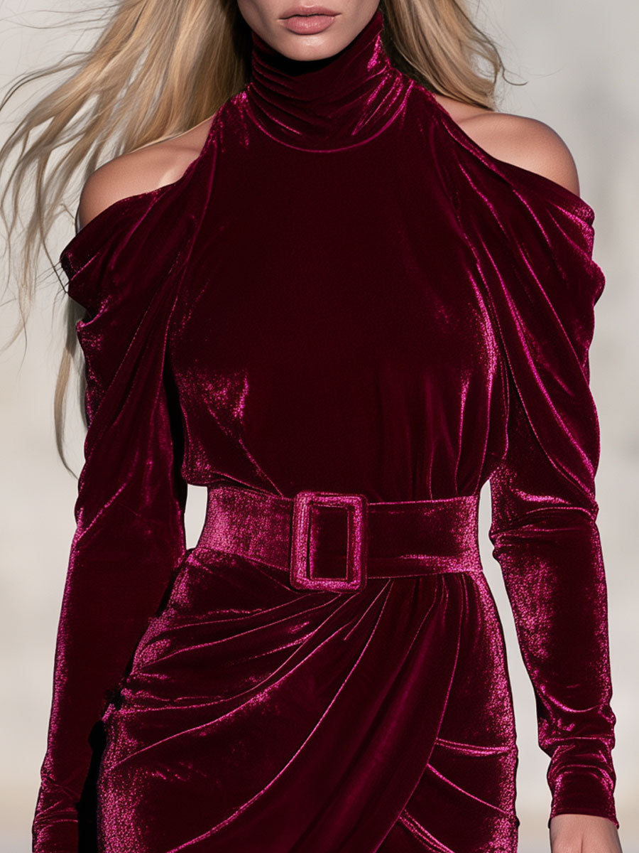Retro Elegant Fuchsia High-neck Off-shoulder Belted Irregular Hem Velvet Mini Dress - By Qivii