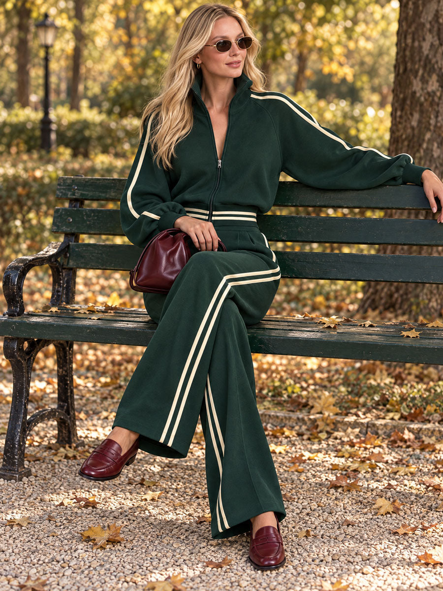 Sporty Retro Casual Color-blocked Striped Green Zip-up Sweatshirt And Pants Set - By Qivii