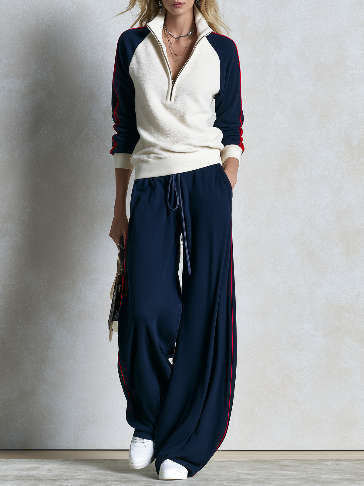 Retro Color-Block Fleece Zip-Up Sweatshirt And Jogger Set For Women - By Qivii